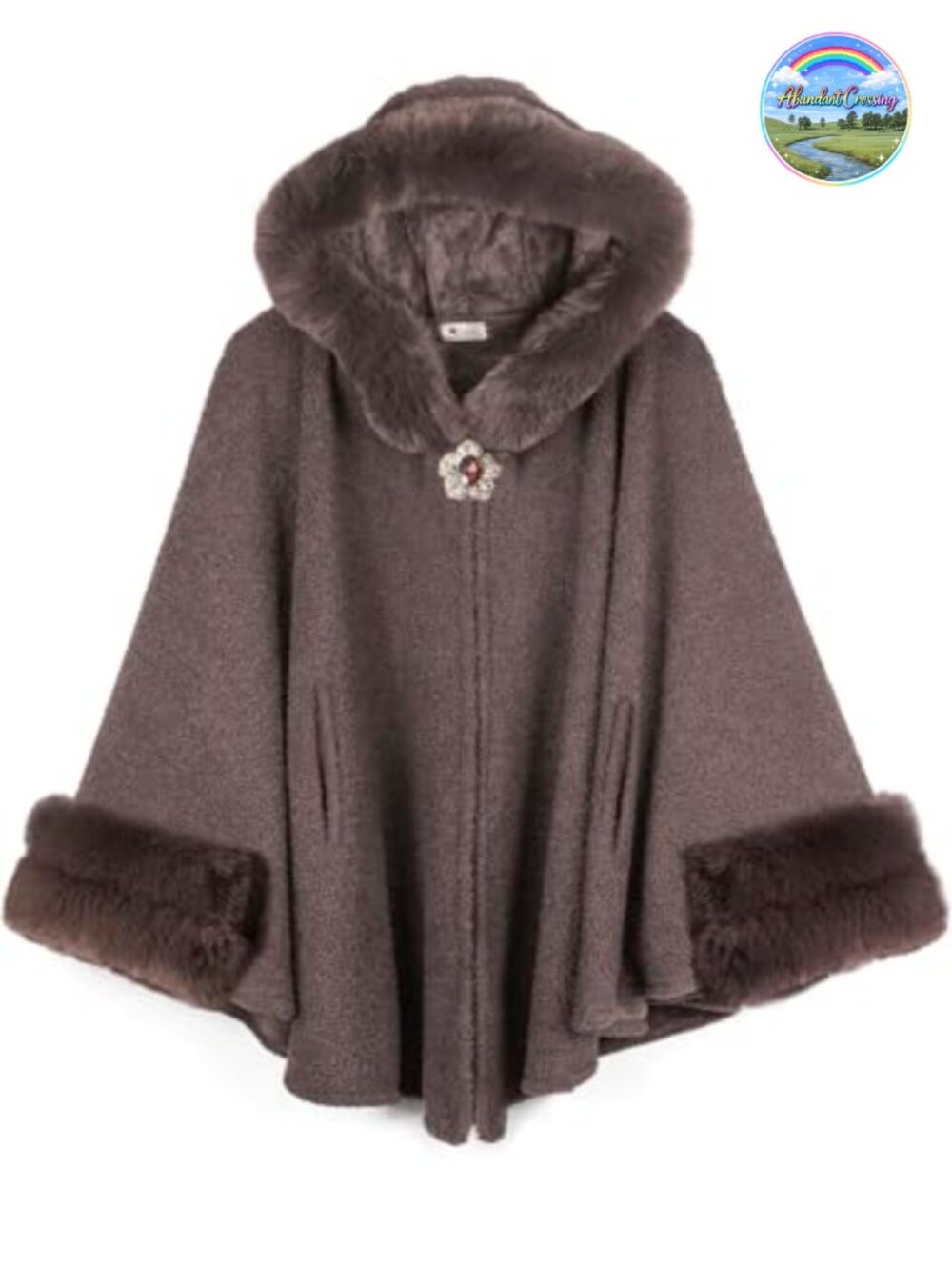Women's Faux Fur Trim Fleece Lined Hooded Cape Coat Cloak Poncho Poncho Holiday